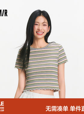 森马多巴胺条纹短款短袖T恤女