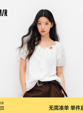 森马短袖衬衫女夏季短款串珠方领泡泡袖白色2026新款法式可爱上衣
