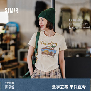 辣妹修身 森馬短袖 T恤女短款 設(shè)計(jì)感印花復(fù)古2025夏季 上衣小眾顯瘦