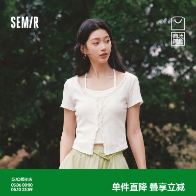 森马花边假两件短款短袖T恤女