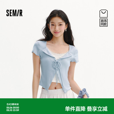 森马绑带假两件短款短袖T恤女