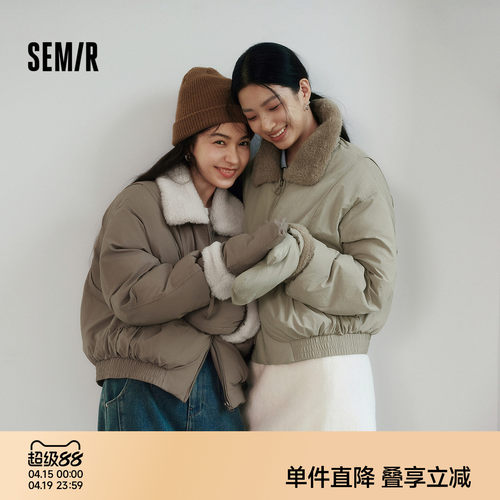 森马毛绒翻领手套宽松肌理棉服女