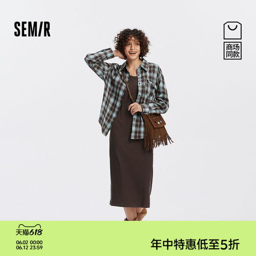 森马格子衬衫U领背心连衣裙女