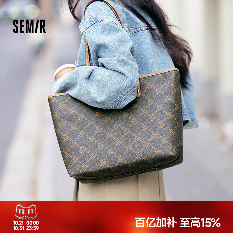 森马包包托特包女2024新款大容量通勤单肩包撞色老花手提包时尚潮