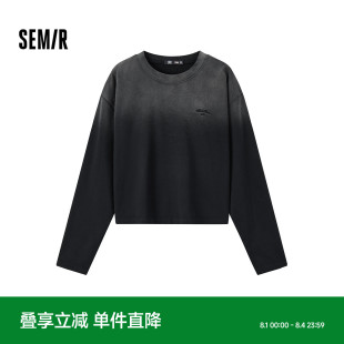 漸變做舊復(fù)古2024新款 秋純棉衣服寬松 T恤女短款 森馬梅花系列長袖
