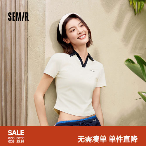 森马绣花修身正肩短款POLO衫女