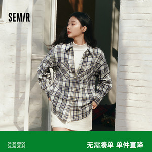 森马长袖衬衫女春季中长款oversize翻领落肩格纹上衣女生复古衬衣