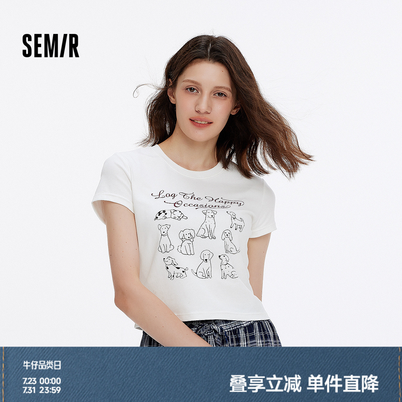 [商场同款]森马短袖T恤女短款修身正肩2025夏新款小狗上衣小个子