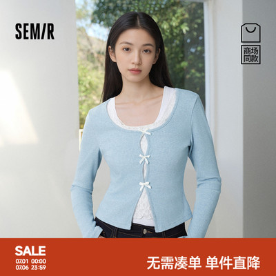 森马蝴蝶结蕾丝假两件短款T恤女