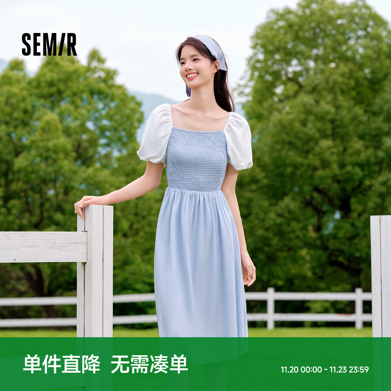 森马撞色泡泡袖赫本风连衣裙女