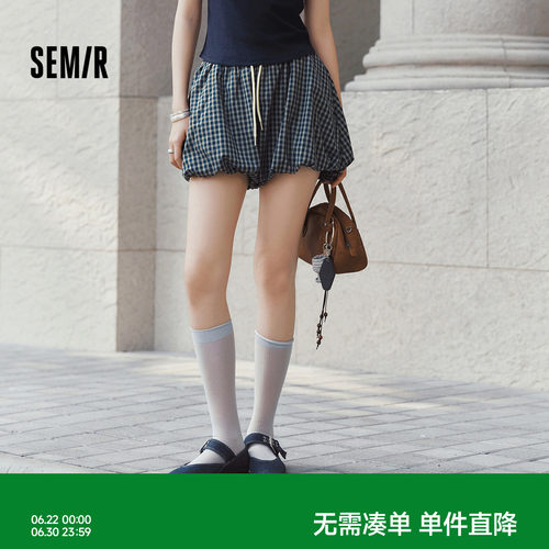 森马复古宽松格子花苞休闲裤女