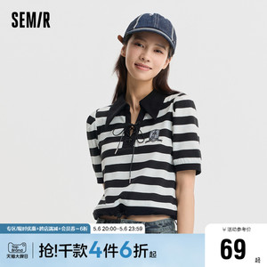森马POLO衫女短款绑带绣花条纹衫复古盐系夏季收腰套头衫休闲潮酷