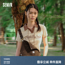 森马POLO衫女短款刺绣甜酷复古2023夏新款小个子撞色紧身上衣美式