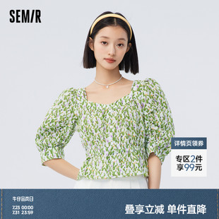 纯棉宽松衬衣小清新森系夏季 女短款 肌理衣服复古气质 衬衫 森马中袖