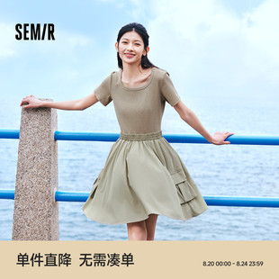 短裙小个子 方领修身 森马连衣裙女假两件盐系潮流百搭2024新款 夏季