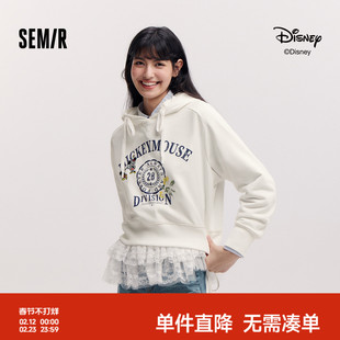 森马迪士尼合作系列卫衣女春短款图案宽松连帽复古个性设计感上衣