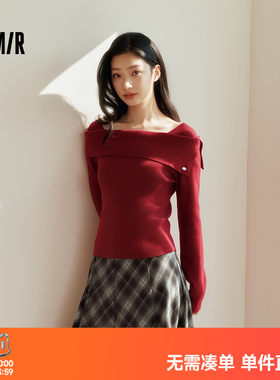 森马温柔一字领翻领短款毛衣女