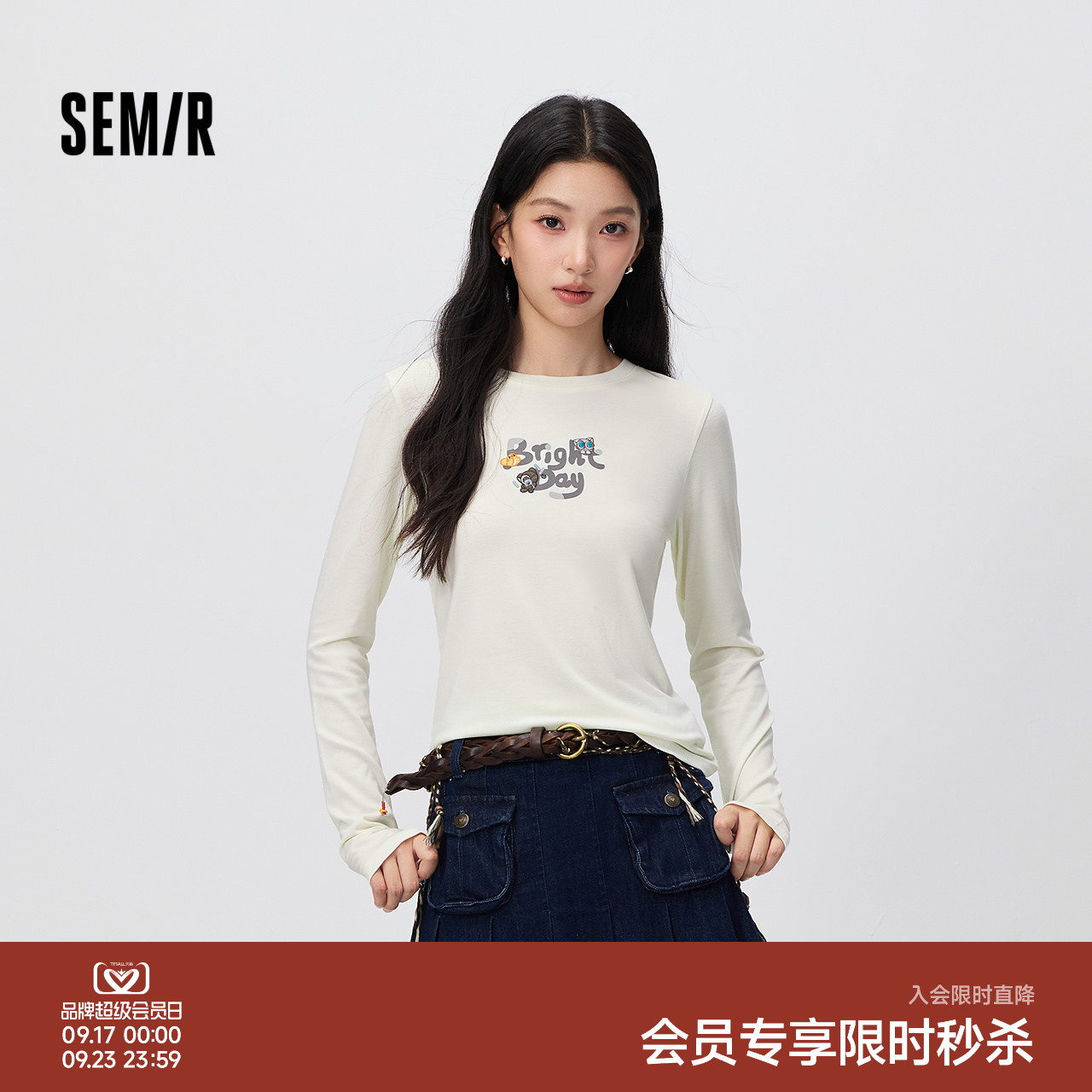 森马罗小黑刺绣正肩长袖T恤女										