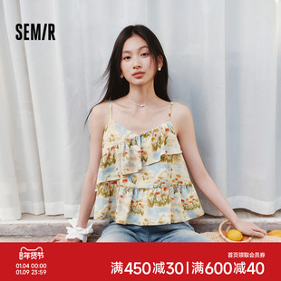 森马衬衫女短款上衣修身荷叶边碎花法式2025夏新款甜美吊带小衫