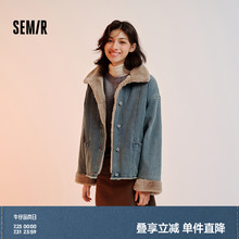 森马牛仔棉服女加绒外套深秋加厚女装2024冬新款毛领夹棉夹克棉袄