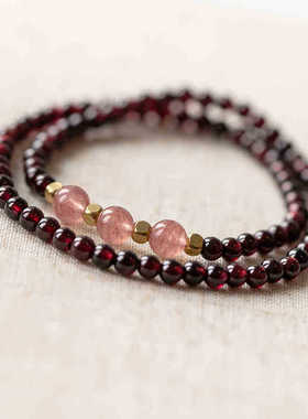 新中式双圈仿石榴石草莓晶小众设计手链女多圈多层粉水晶手串批发