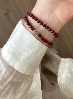 新中式国风仿朱砂福财弹力双圈手串何田钰转运珠简约百搭戴叠饰品