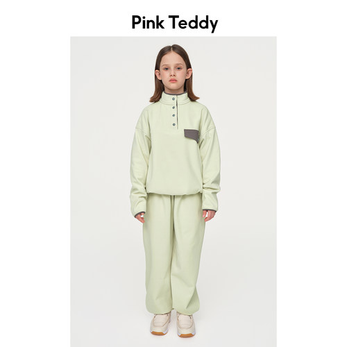 PinkTeddy童装女童卫衣春秋季新款极简儿童绿色加厚套头打底衫
