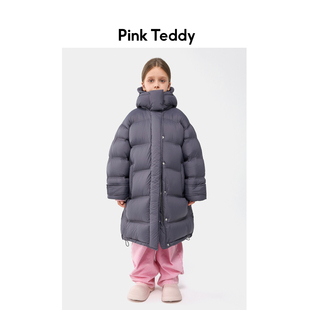 PinkTeddy童装女童黑色羽绒服新款冬季柔软舒适儿童长款保暖外套