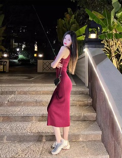 显瘦无袖 3.19 简约T型领修身 新款 裙子 枣红色针织背心长连衣裙春季