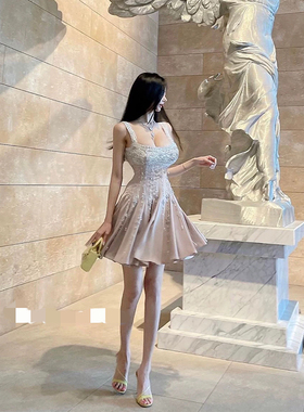 Winema晓雪 收腰 礼服连衣裙短款重工钉珠花朵贵气吊带裙子女夏季