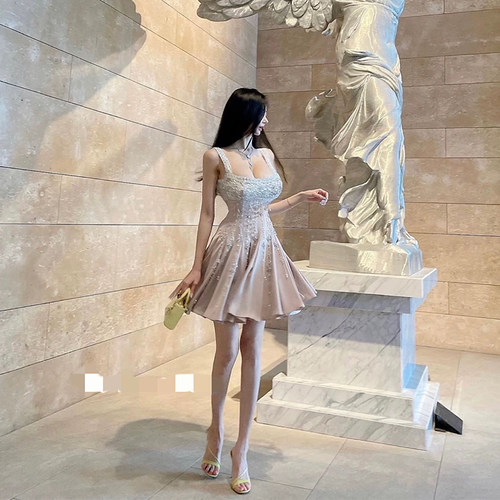 Winema晓雪 收腰 礼服连衣裙短款重工钉珠花朵贵气吊带裙子女夏季