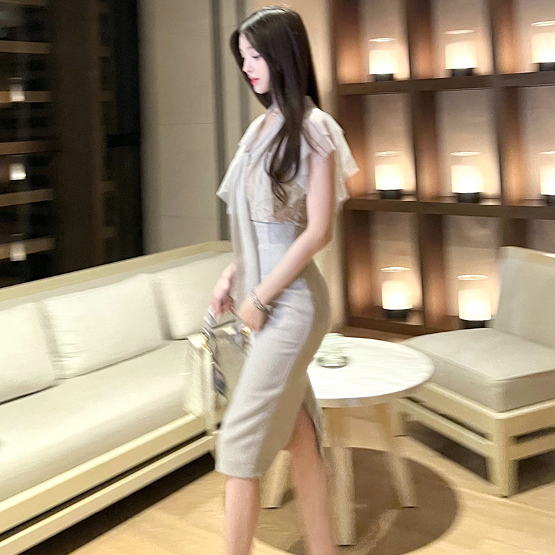 Winema晓雪 蕾丝透视上衣 斑鸠灰/黑曜石 韩女套装一步裙一整套夏