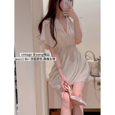 Winema晓雪 vintage 全网无撞衫 手工钉珠 v领优雅气质连衣裙女夏