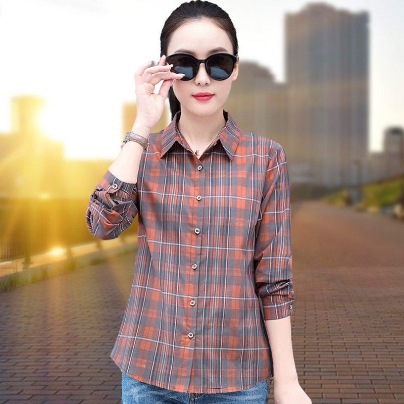 纯棉格纹长袖单排扣开衫衬衫女春秋季百搭休闲中年妈妈装衬衣上衣