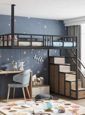 loft省空间多功能高架床铁艺吊床公寓半落地阁楼床学生宿舍柜梯床