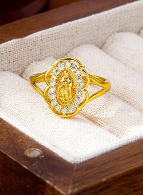 新品镂空镶钻圣母开口指环轻奢越南沙金戒指久不掉色义乌饰品