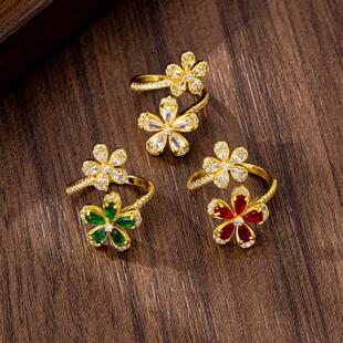 简约风彩锆花朵开口戒指女越南沙金五花瓣食指戒久不掉色手饰