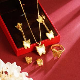 越南沙金蝴蝶流苏项链耳坠戒指女轻奢简约百搭饰品首饰套装铜合金