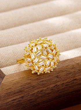 古法沙金雪花镶钻绣球戒指