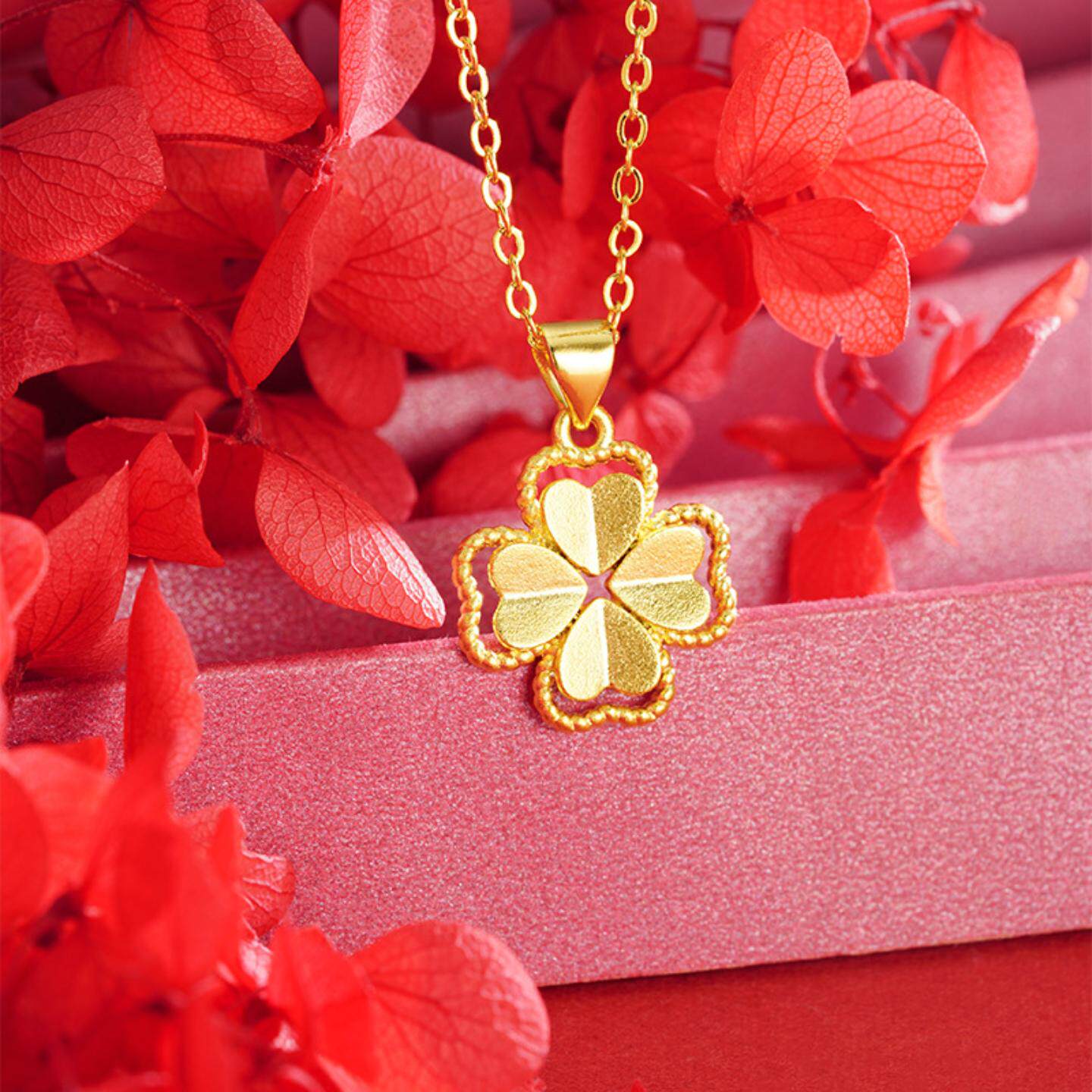 心形四叶草沙金吊坠时尚简约轻奢幸运草爱心高级感义乌配饰品