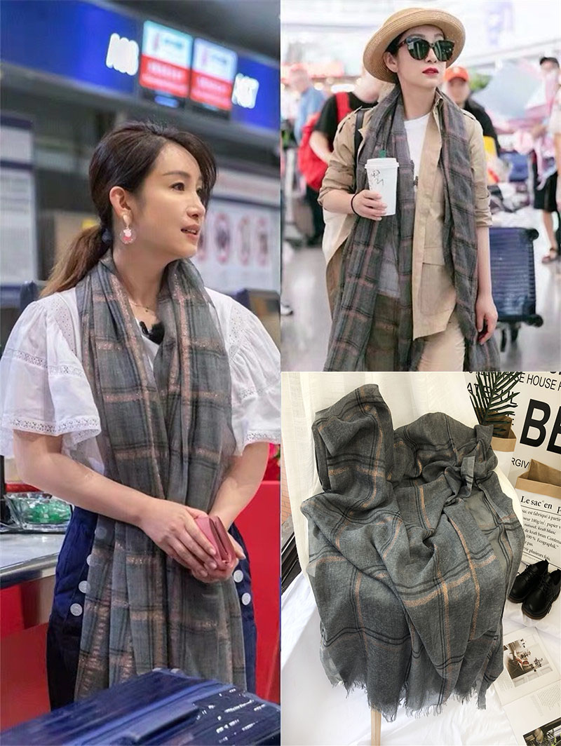 金丝格子薄款棉麻手感围巾