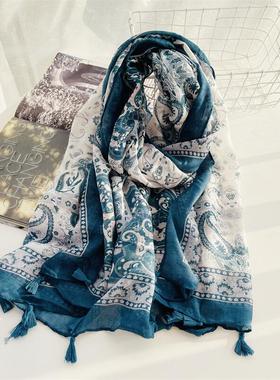 2023民族风新款藏蓝色系棉麻手感围巾女春秋冬季薄款百搭披肩长款