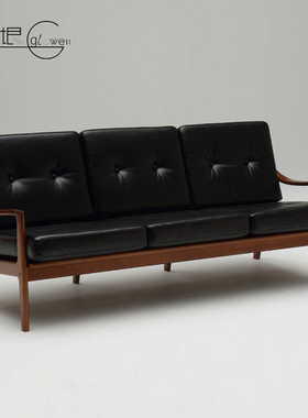 日本karimoku原装进口欧式复古黑皮革小户型实木布艺三人客厅沙发