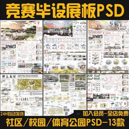 2024PS竞赛小清新社区公园体育公园儿童书店校园广场景观展板13款
