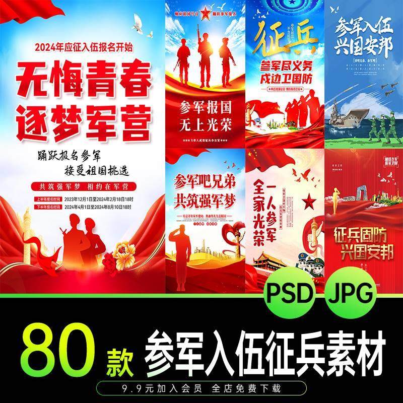 2024年度征兵国防军人政策解读展板参军入伍部队宣传海报psd素材