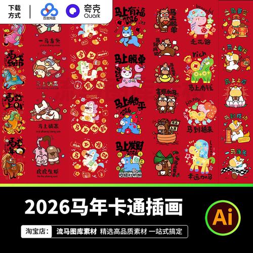 2026马年卡通趣味手绘春节新年祝福插画可爱动物AI矢量设计素材