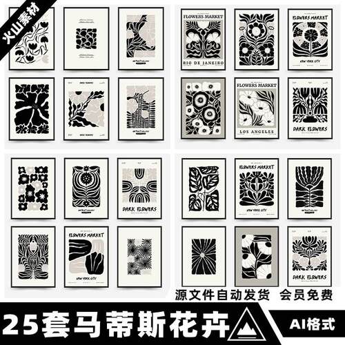 抽象黑暗现代时髦黑白马蒂斯花卉装饰画海报模板矢量AI设计素材图