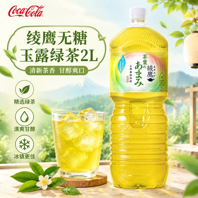 日本进口可口可乐绫鹰玉露绿茶饮料无糖茶饮品日式浓香大瓶茶饮2L