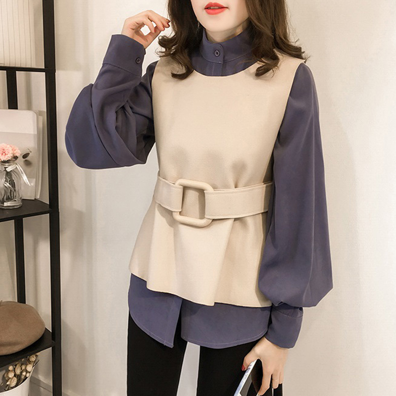 2019秋冬新款女装韩版宽松灯笼袖衬衫女毛呢背心马甲两件套2/135