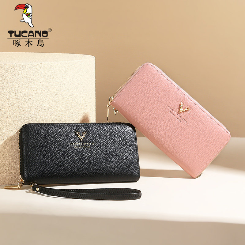 啄木鸟真皮拉链钱包女士2025新款头层牛皮高级感长款多卡位手拿包